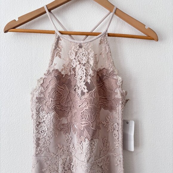SAYLOR Lace Halter Mini Dress w/ Asymmetric Hem - Picture 5 of 9